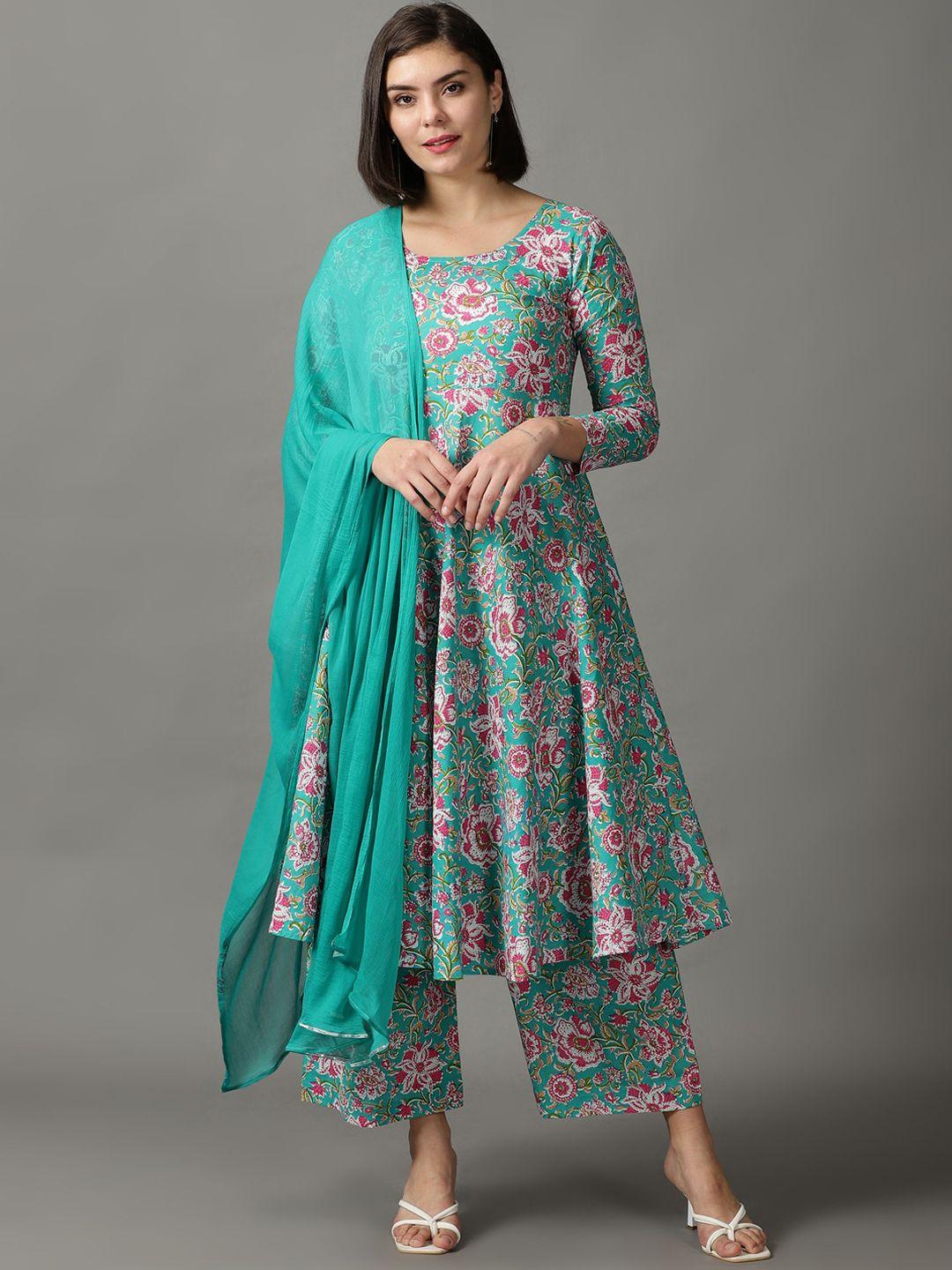 divination women turquoise blue floral printed panelled pure cotton kurta with palazzos & with dupatta