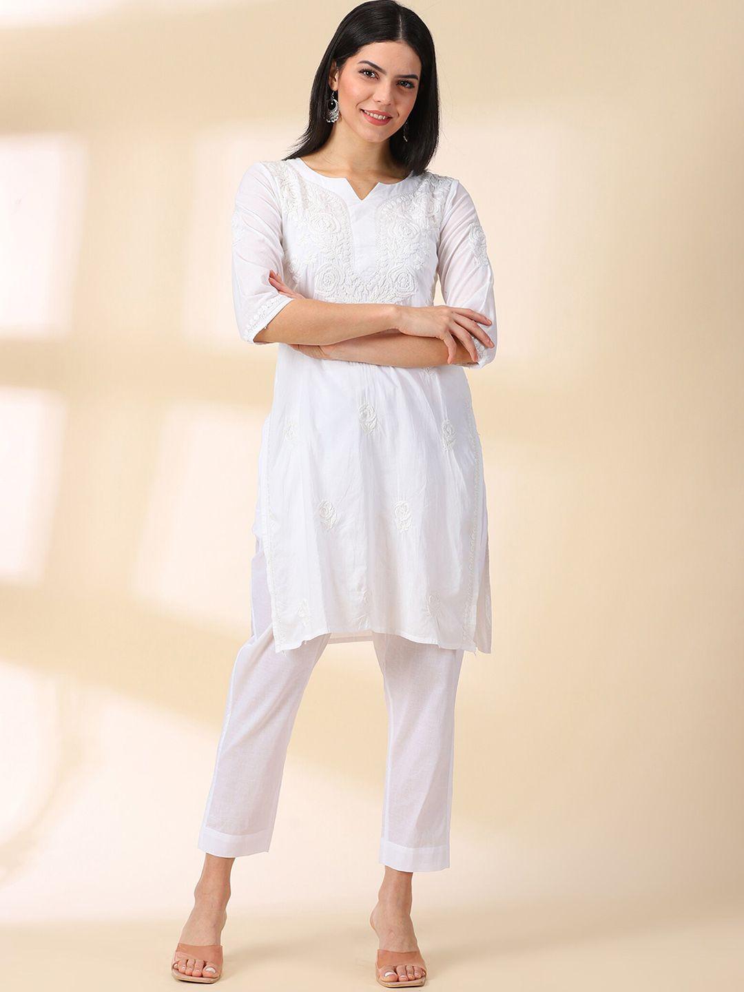 divination women white embroidered pure cotton kurta with trousers