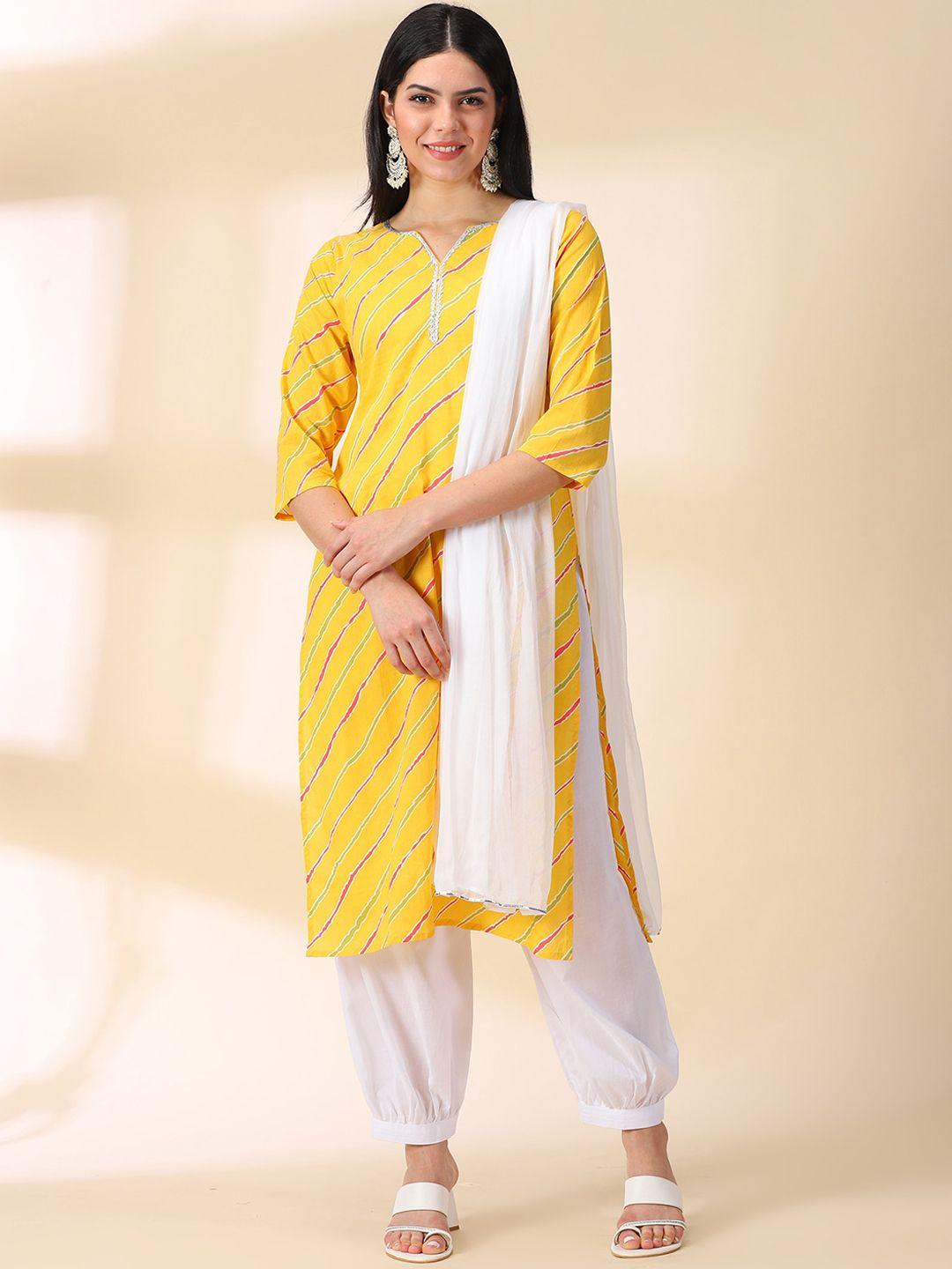 divination women yellow printed pure cotton kurta with dhoti pants & with dupatta