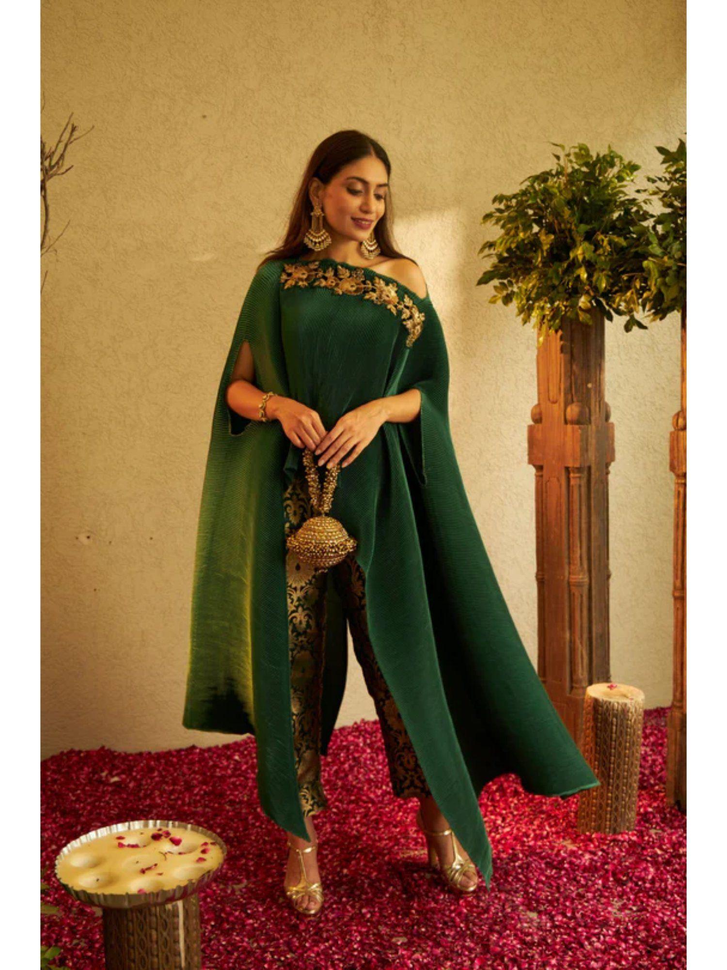 divine embroidered cape with brocade pants - green (set of 2)