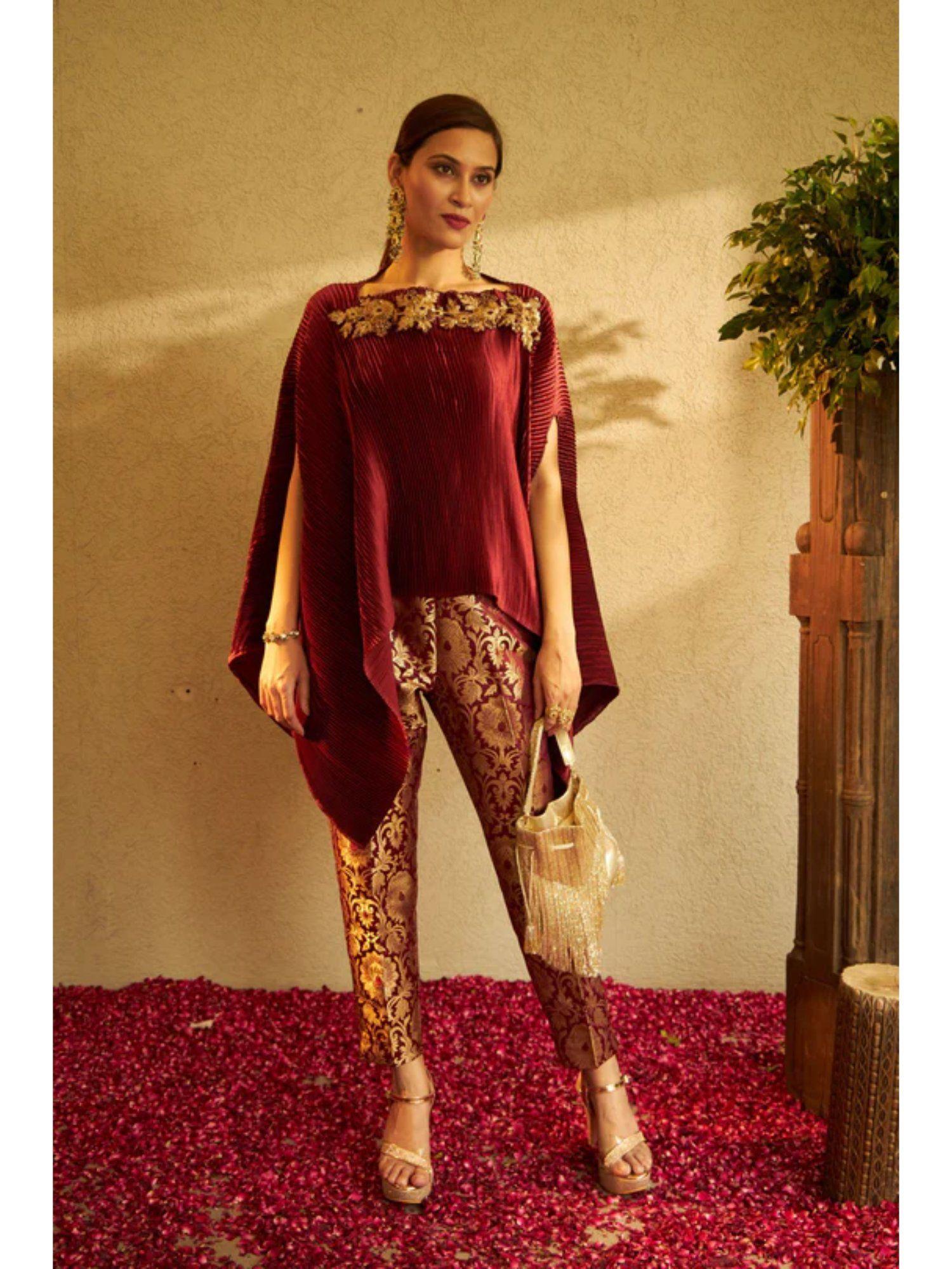 divine embroidered cape with brocade pants - maroon (set of 2)