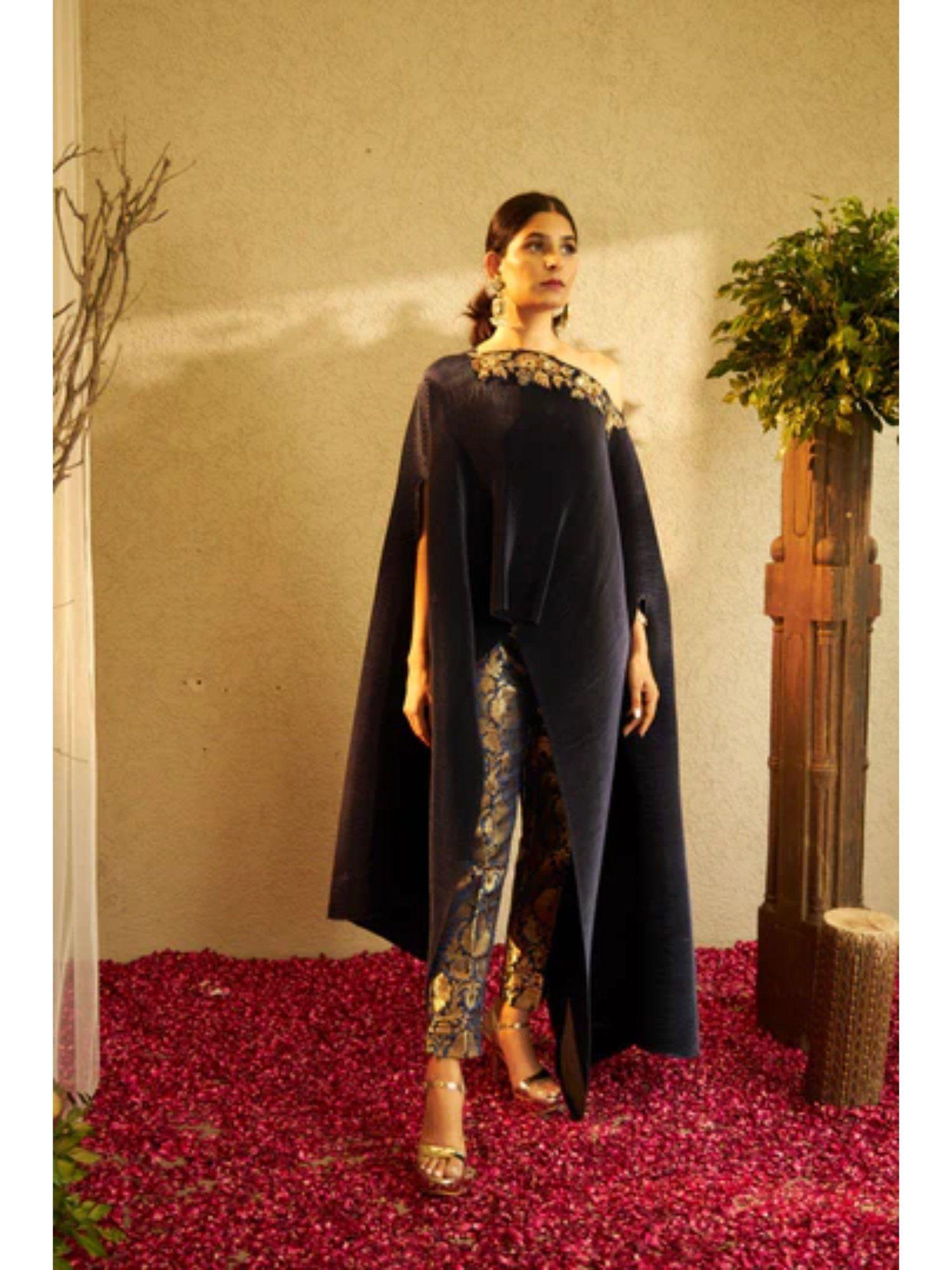 divine embroidered cape with brocade pants - navy blue (set of 2)