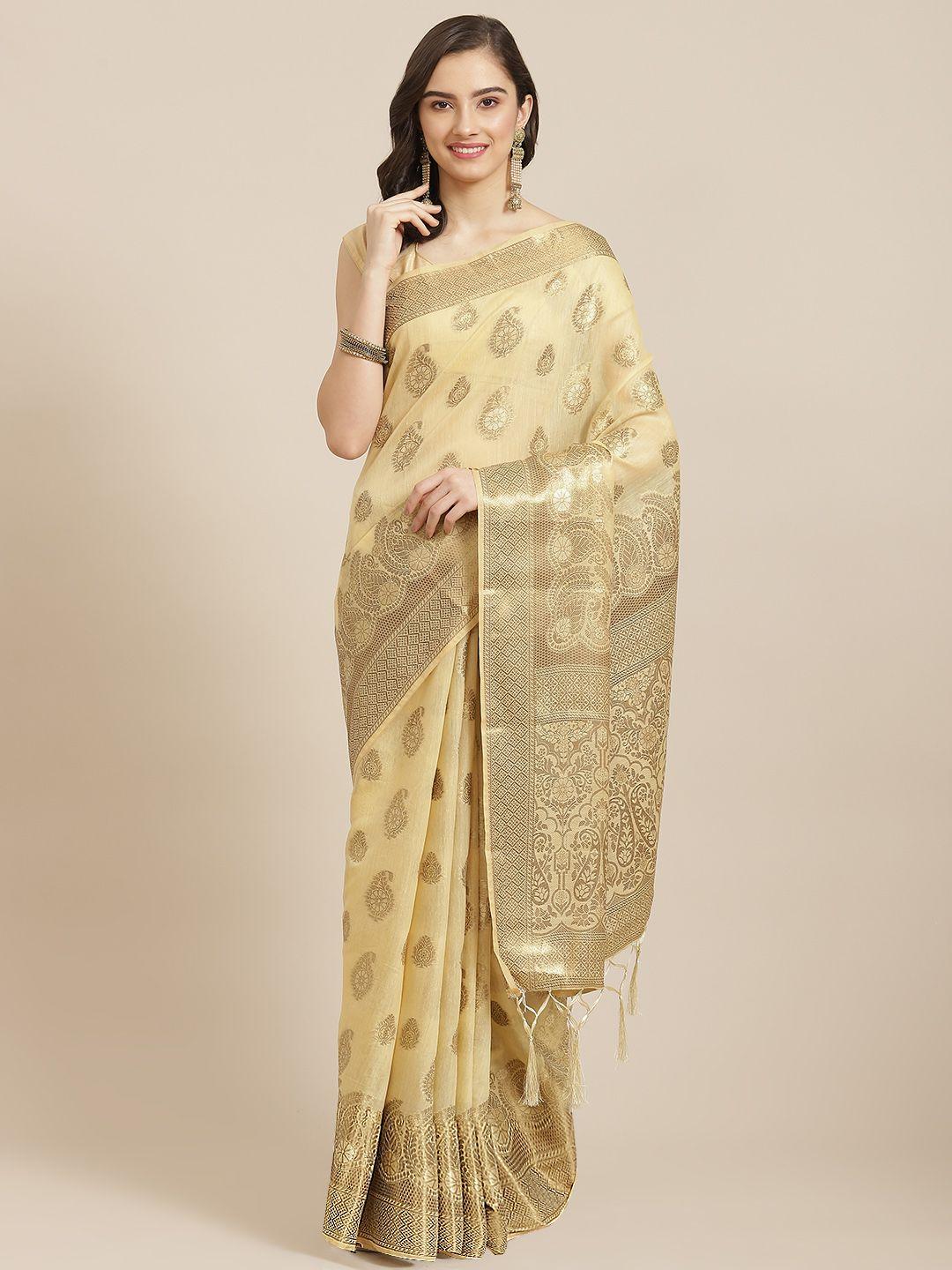 divine international trading co cream-coloured woven design pure cotton chanderi saree