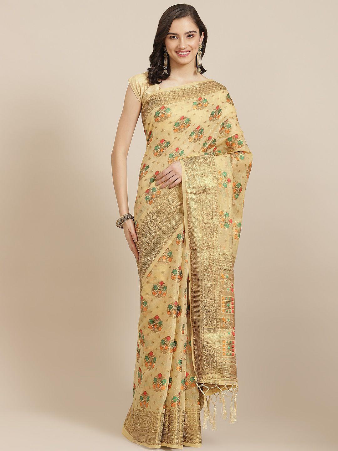 divine international trading co cream-coloured woven design zari pure cotton chanderi saree