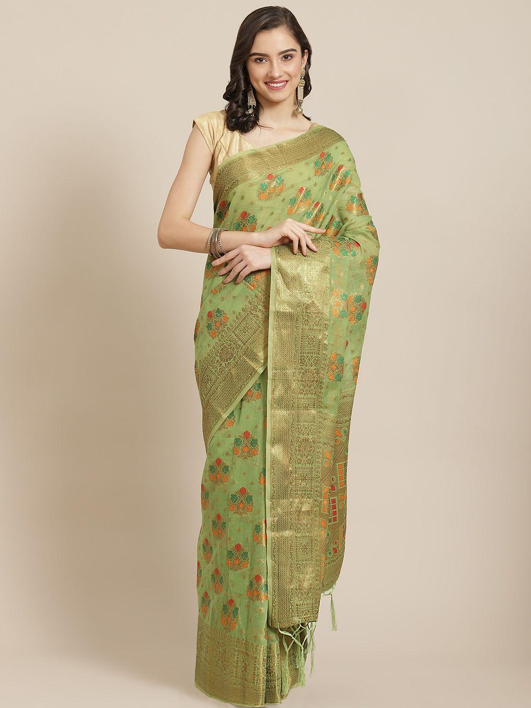 divine international trading co green & gold-toned ethnic motifs zari pure cotton chanderi saree