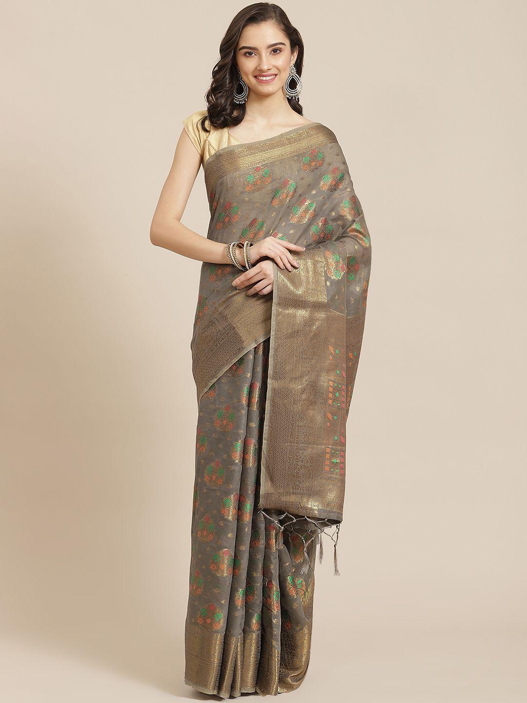 divine international trading co grey & golden woven design zari pure cotton chanderi saree