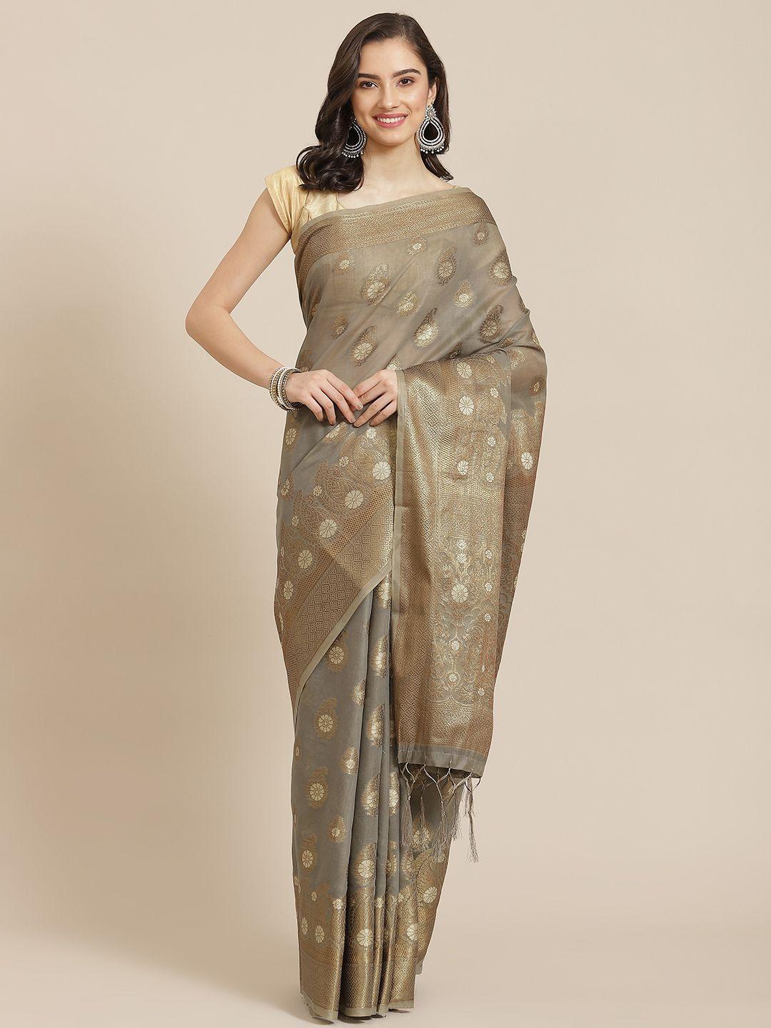 divine international trading co grey & golden woven design zari pure cotton chanderi saree