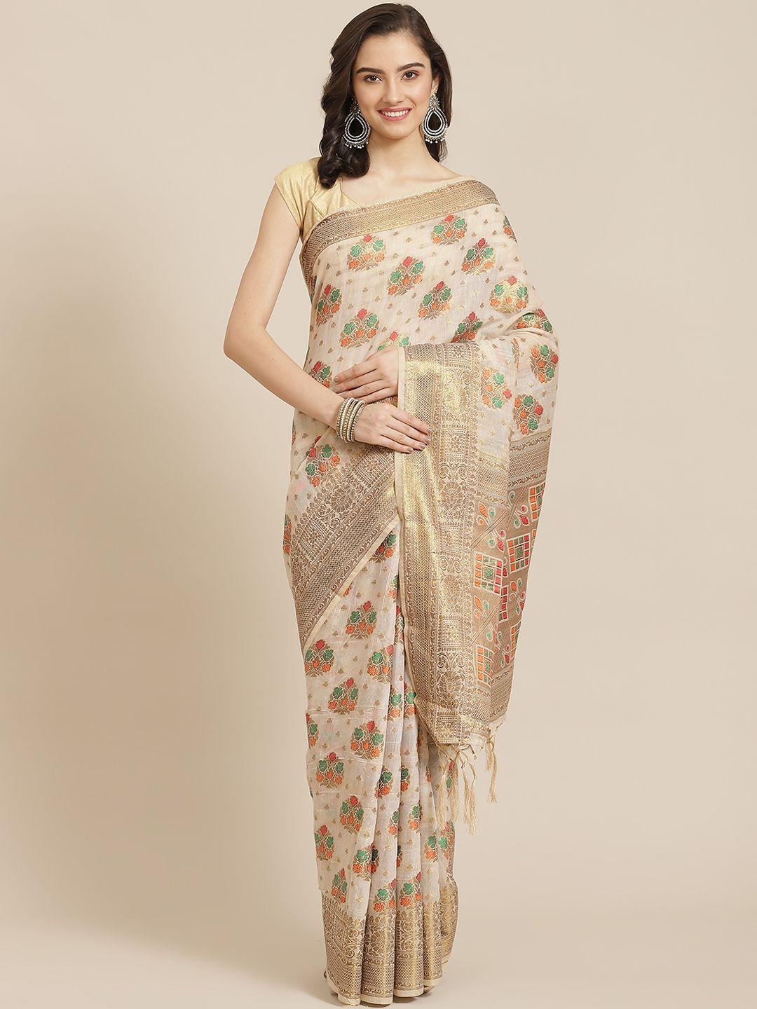 divine international trading co off white & red woven design pure cotton chanderi saree