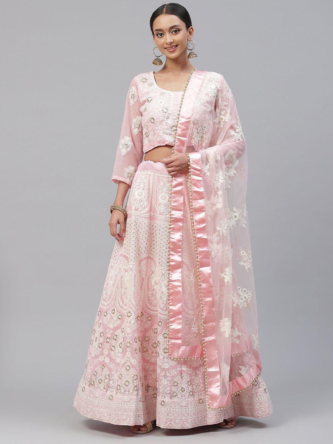 divine international trading co pink & off white embroidered sequinned semi-stitched lehenga & unstitched