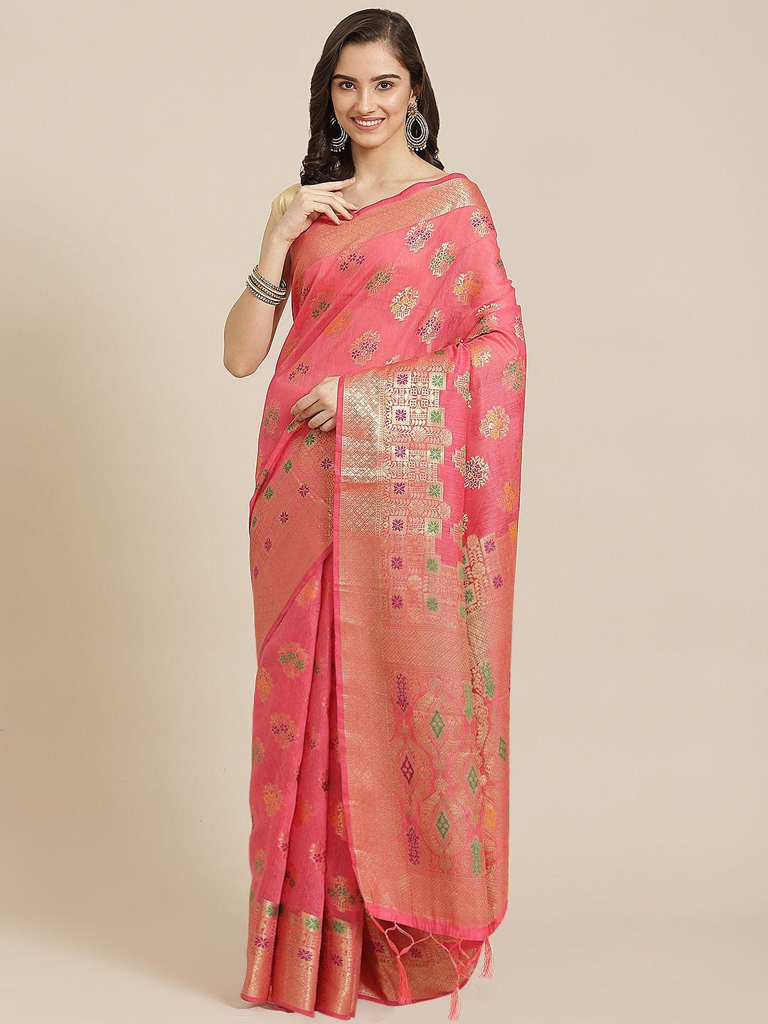 divine international trading co pink woven design zari pure cotton chanderi saree