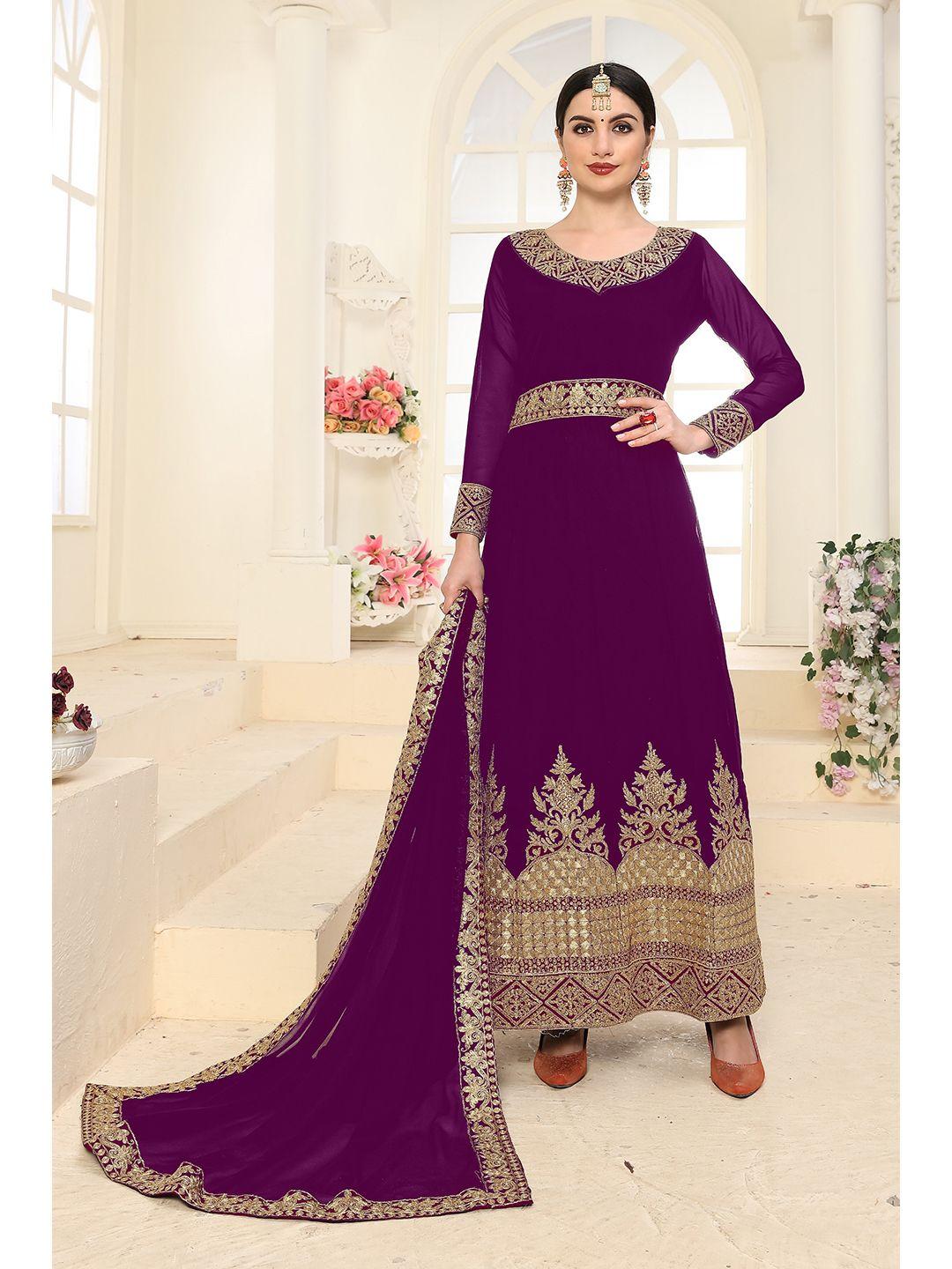 divine international trading co purple & gold-toned embroidered unstitched dress material