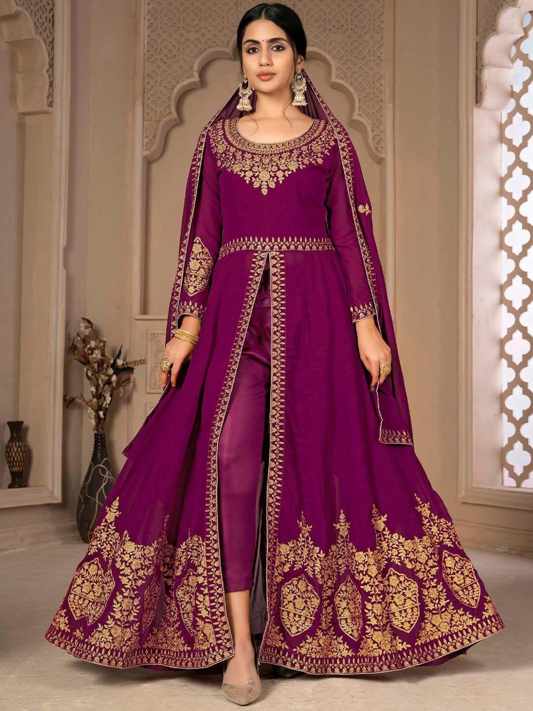 divine international trading co purple & gold-toned embroidered unstitched dress material