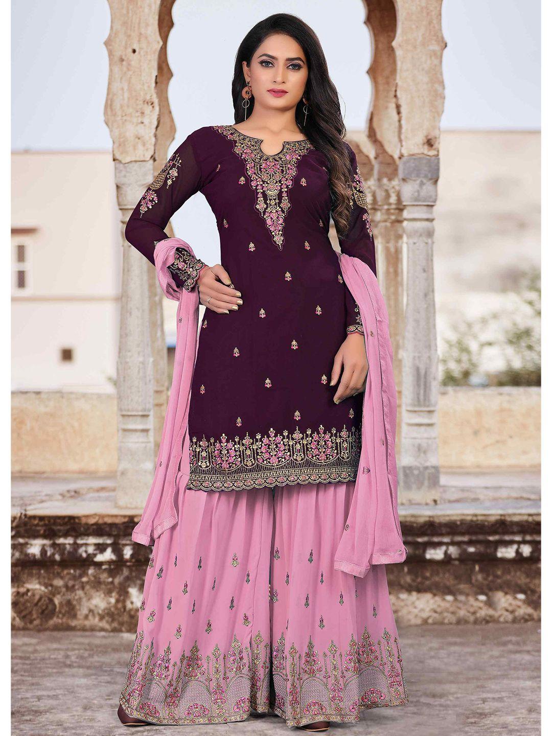 divine international trading co purple & pink embroidered unstitched dress material