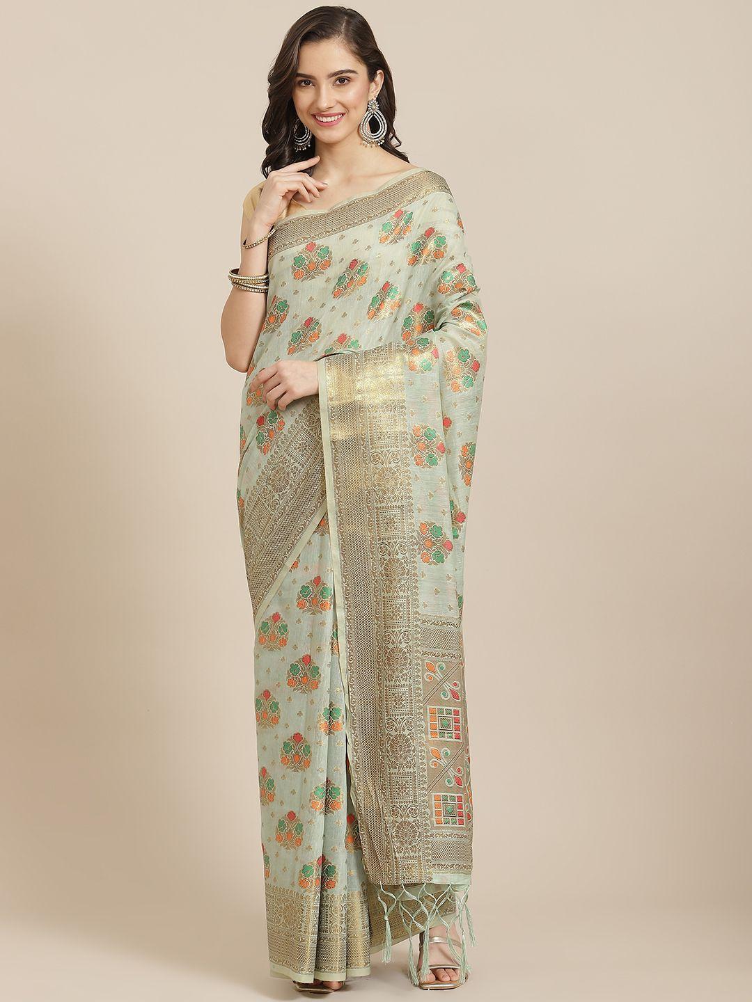 divine international trading co sea green woven design zari pure cotton chanderi saree