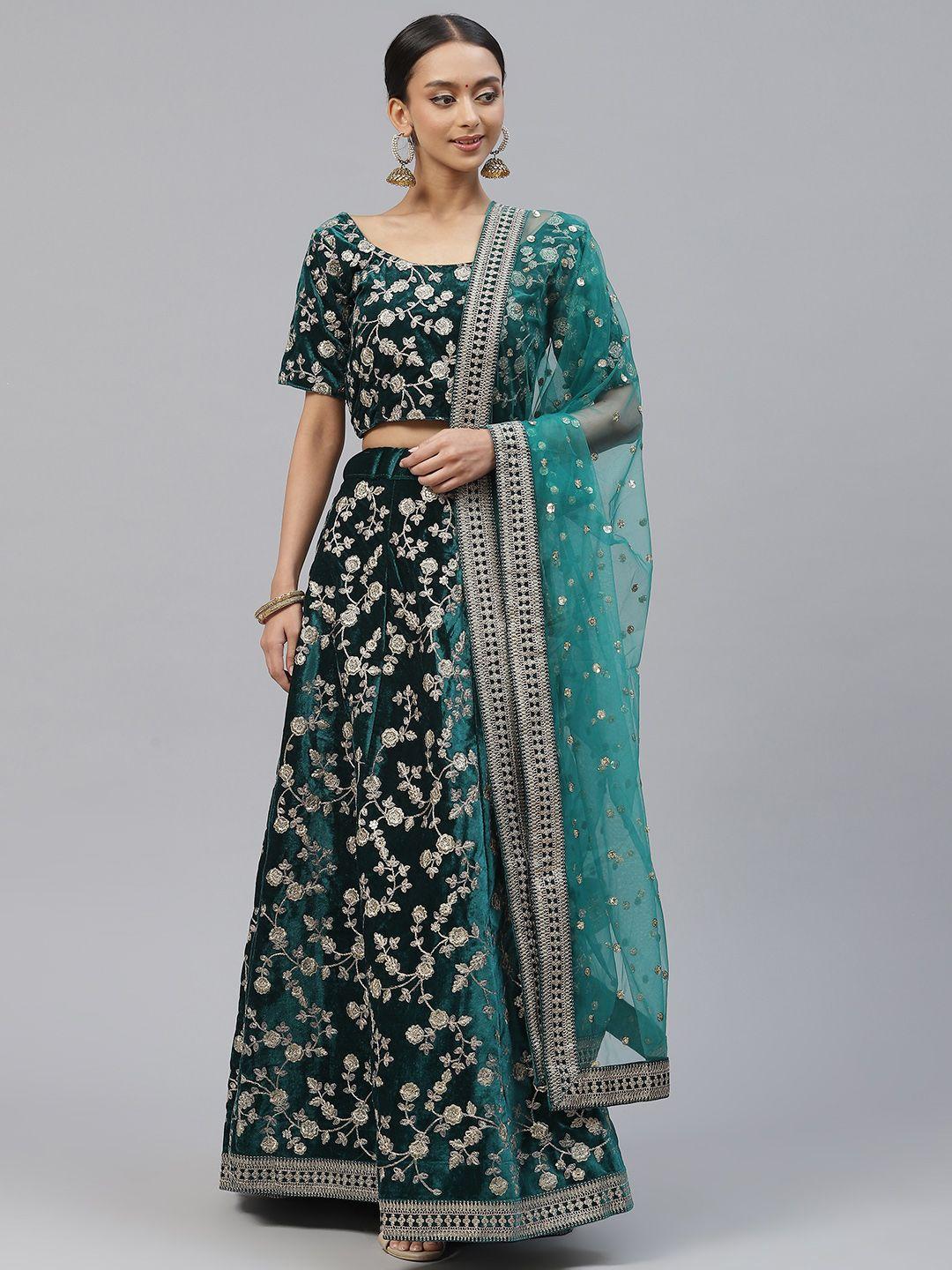 divine international trading co teal embroidered sequinned semi-stitched lehenga & unstitched blouse with