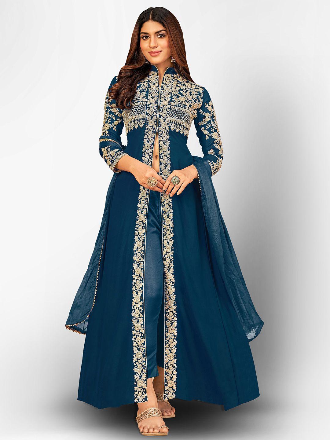 divine international trading co turquoise blue & gold-toned embroidered unstitched dress material