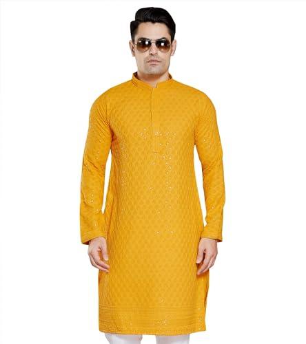 divisive men's sequince embroidered cotton blend only kurta (dkrt1_m_yellow)