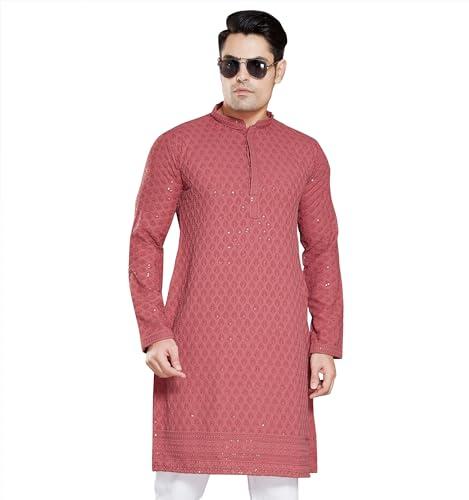 divisive men's sequince embroidered cotton blend only kurta (dkrt9_l_peach)