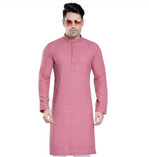 divisive men's sequince embroidered cotton blend only slim fit kurta (dkrt103_l_pink)