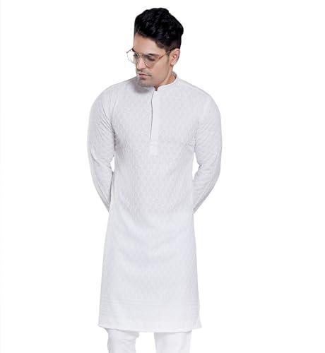 divisive men's sequince embroidered cotton blend only slim fit kurta (dkrt106_m_white)