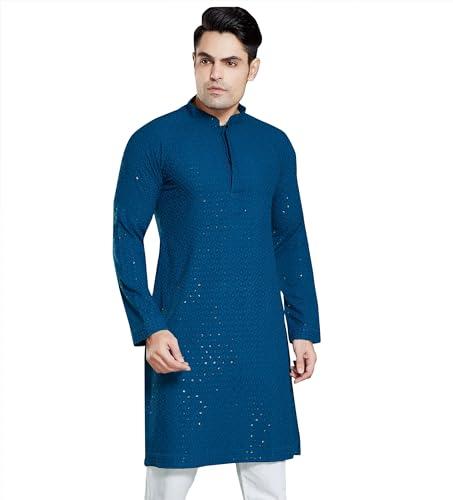 divisive men's sequince embroidered cotton blend only slim fit kurta (dkrt17_xl_teal)