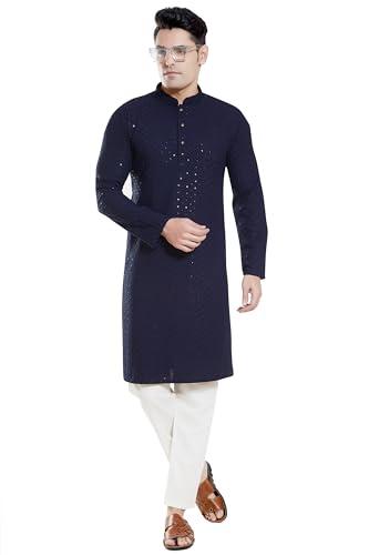 divisive men's sequince embroidered cotton blend slim fit kurta pyjama set (dkrt153_xxxl_navy blue)