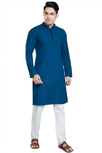 divisive men's sequince embroidered cotton blend slim fit kurta pyjama set (dkrt37_xl_teal)