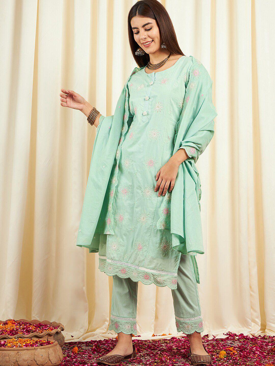 divyank ethnic motifs embroidered pure cotton straight kurta & trousers with dupatta