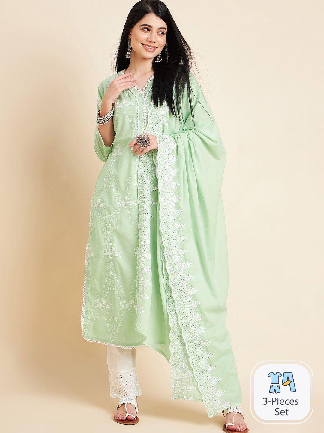 divyank floral embroidered pure cotton kurta with trousers & dupatta