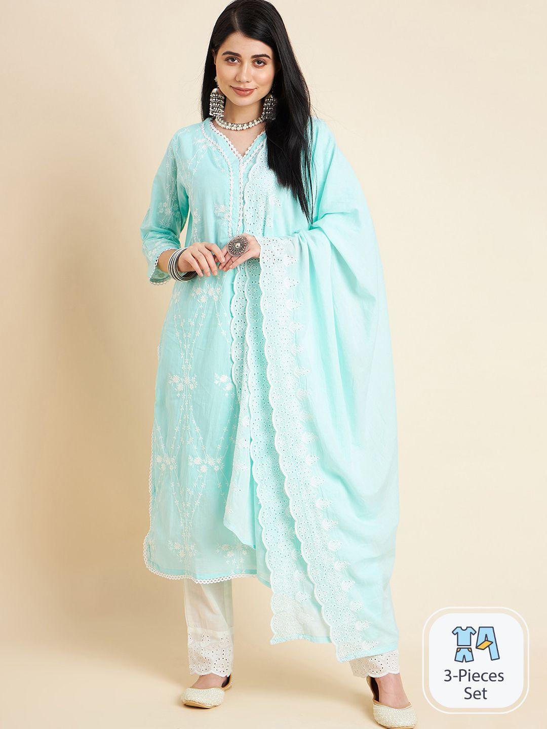 divyank floral embroidered regular pure cotton kurta with trousers & dupatta