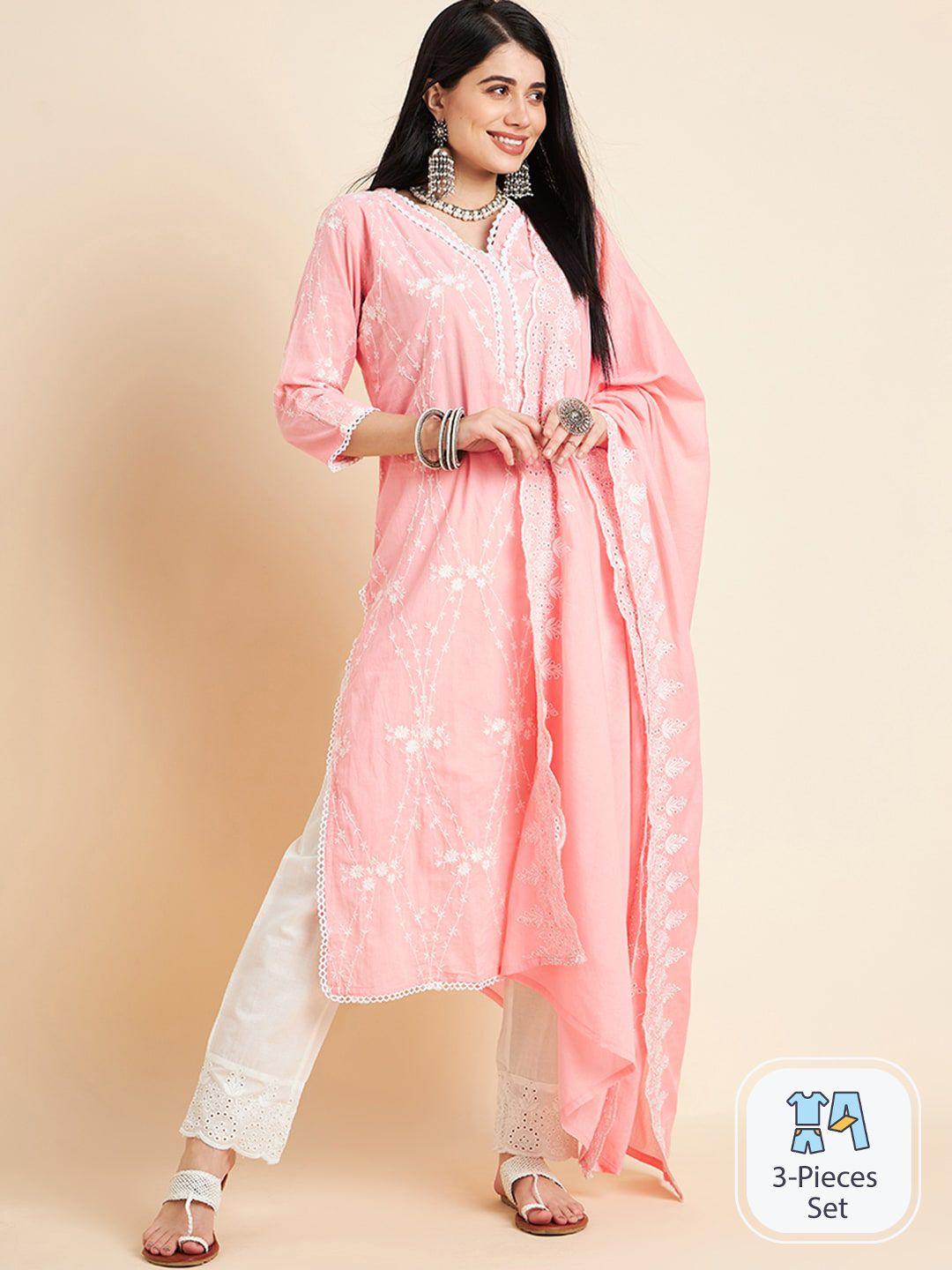 divyank floral embroidered thread work pure cotton kurta with trousers & dupatta