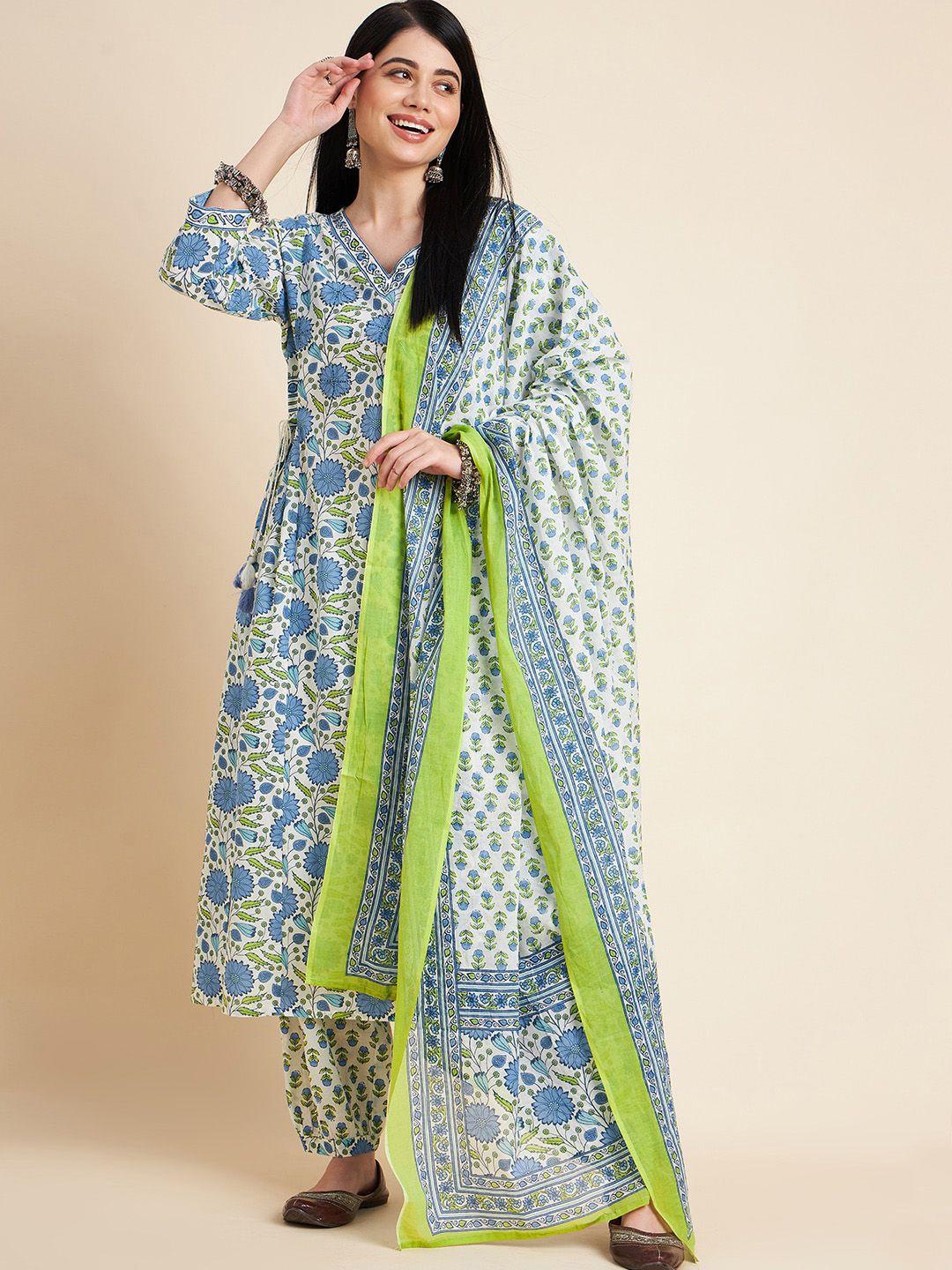 divyank floral printed regular sequinned pure cotton kurta with trousers & dupatta