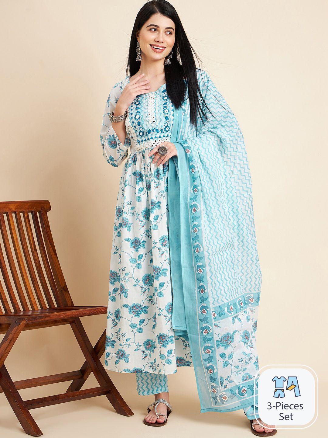 divyank floral printed regular thread work pure cotton kurta with trousers & dupatta