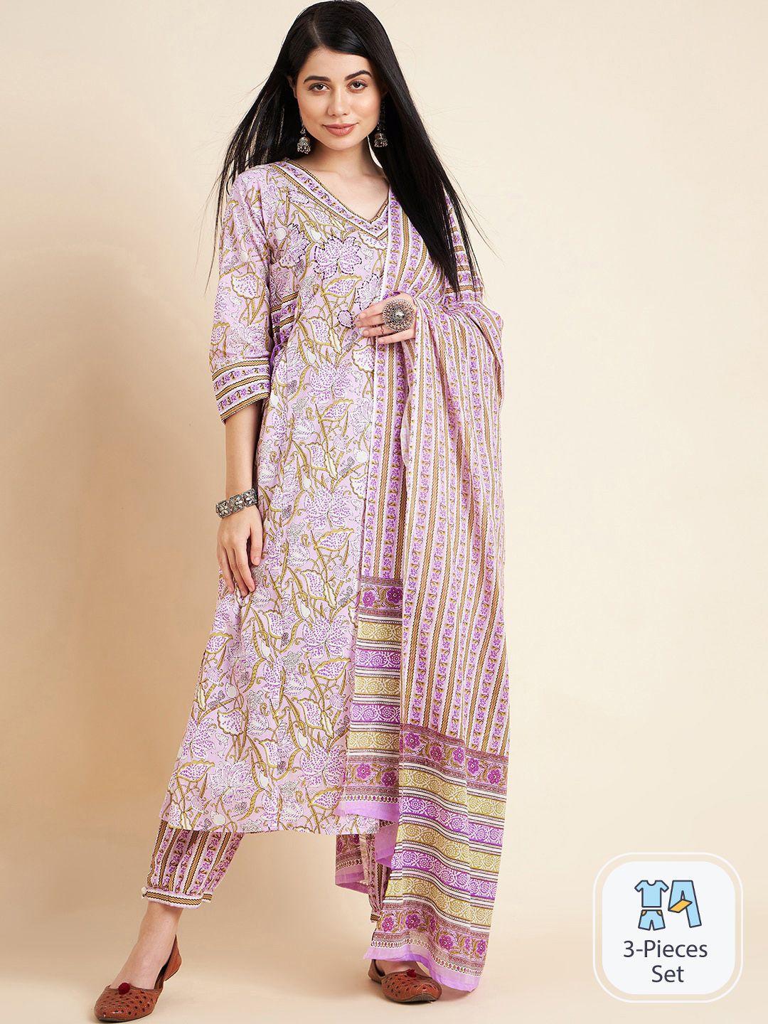 divyank floral printed regular v-neck pure cotton kurta with trousers & dupatta