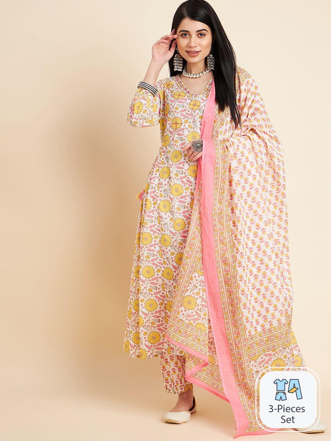 divyank floral printed v-neck regular pure cotton kurta with trousers & dupatta