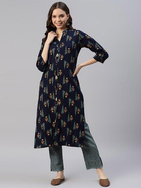 divyank navy floral print straight kurta