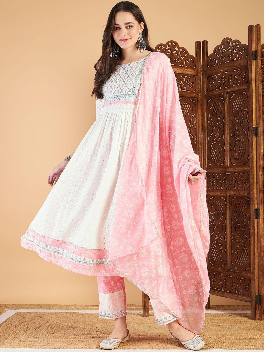 divyank off white floral embroidered anarkali kurta with trousers & dupatta