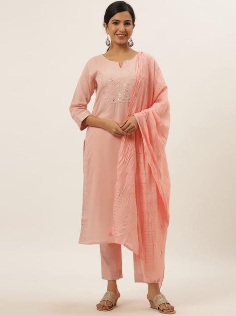 divyank peach cotton embroidered kurta pant set with dupatta