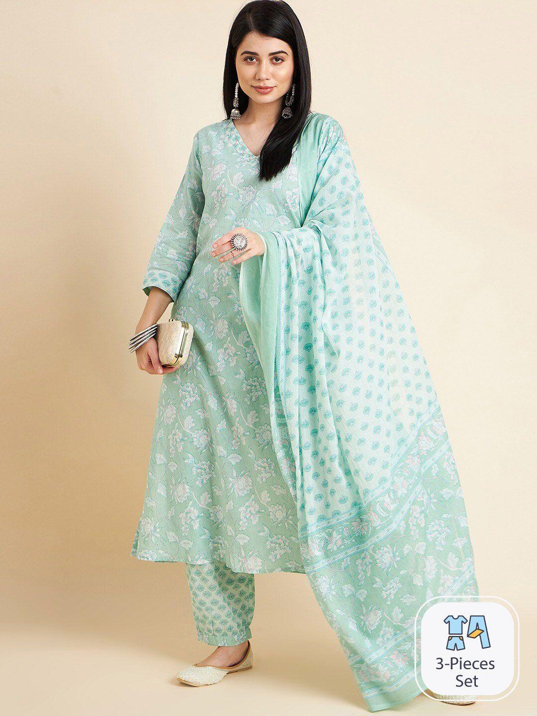 divyank sea green floral printed sequinned pure cotton kurta with trousers & dupatta