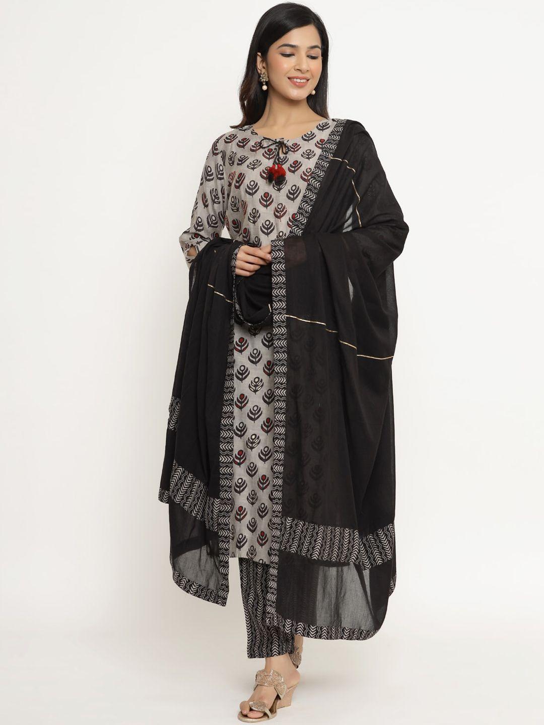 divyank women black & grey ethnic motifs printed chanderi silk kurta set with dupatta