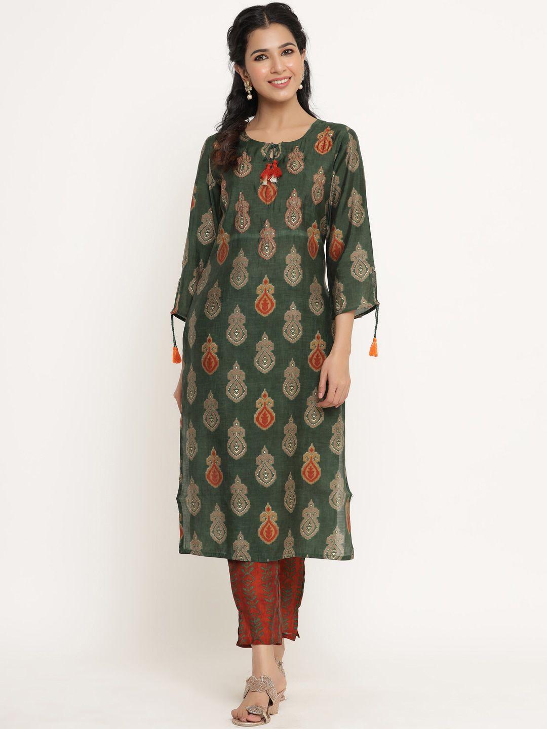 divyank women green & maroon ethnic motifs printed chanderi silk kurta with trousers