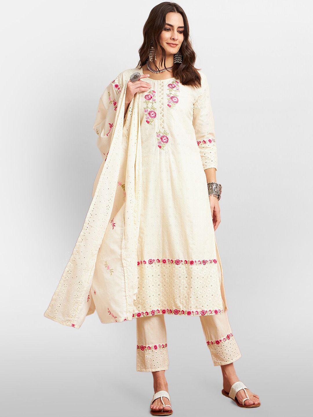 divyank women off white floral embroidered regular thread work pure cotton kurta with trousers & with dupatta