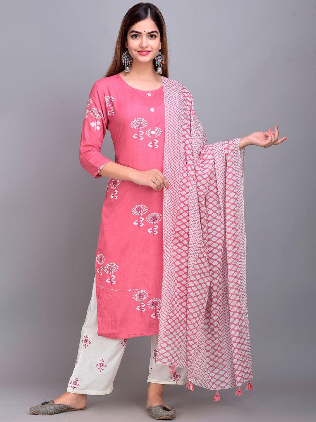 divyank women pink & white ethnic motifs printed kurta with palazzos & dupatta