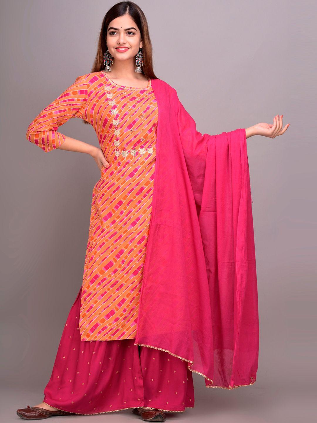 divyank women pink printed gotta patti kurta with sharara & dupatta