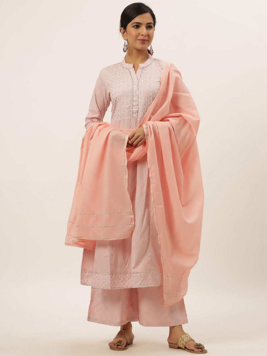 divyank women pink printed pleated gotta patti kurta with palazzos & with dupatta