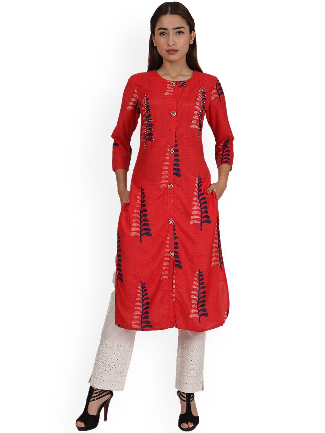 divyank women red & navy blue ethnic motifs printed kurta