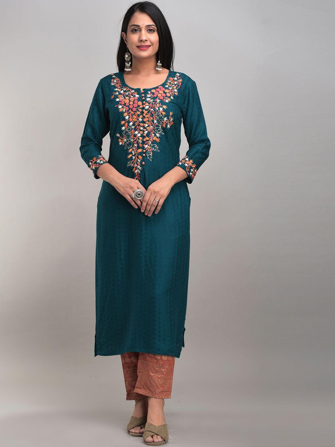 divyank women teal blue & rust brown yoke embroidere pure cotton kurta with palazzos
