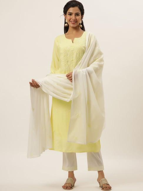 divyank yellow & white cotton embroidered kurta pant set with dupatta