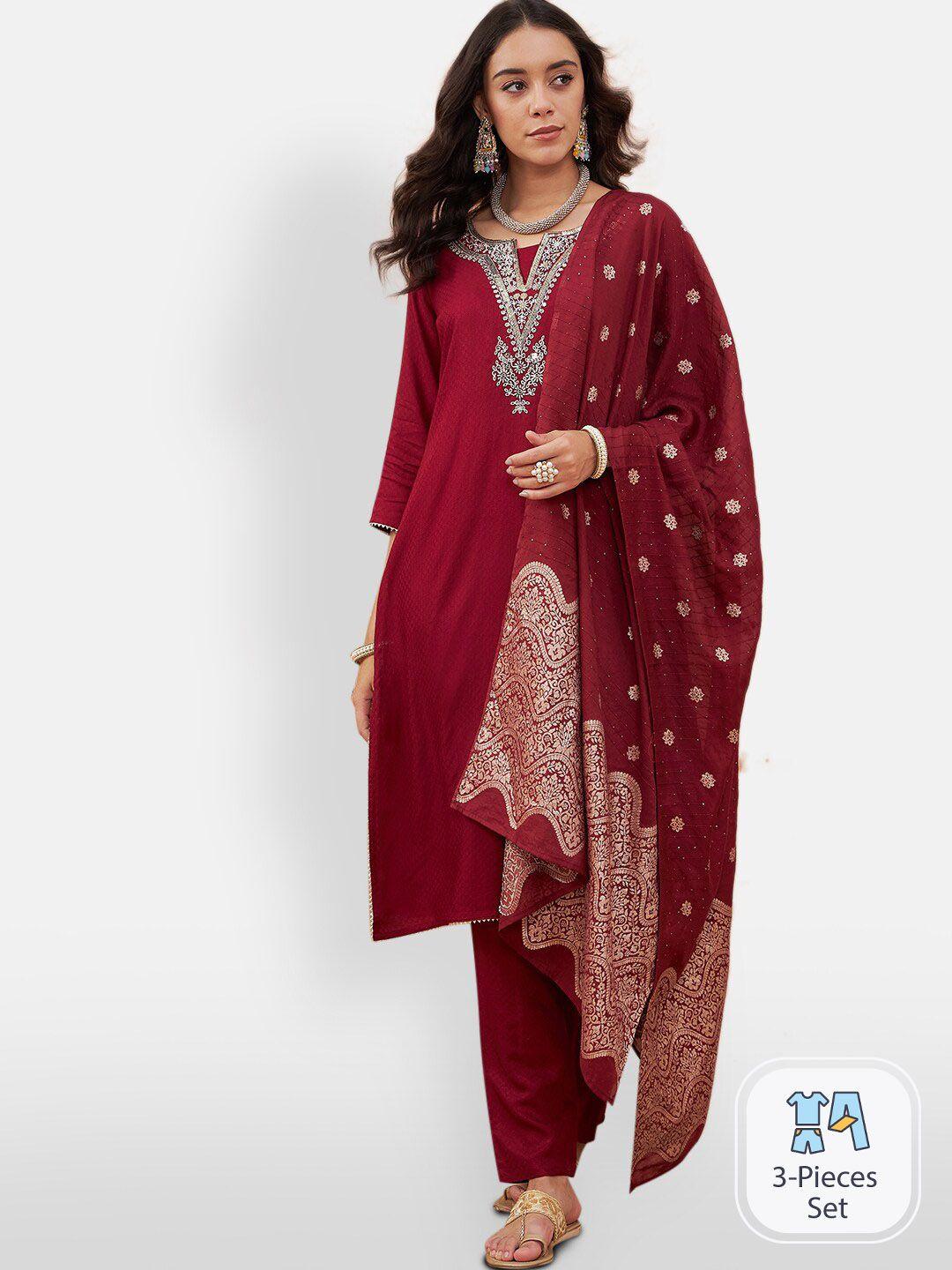 divyank yoke or border design thread work straight kurta with trousers & dupatta