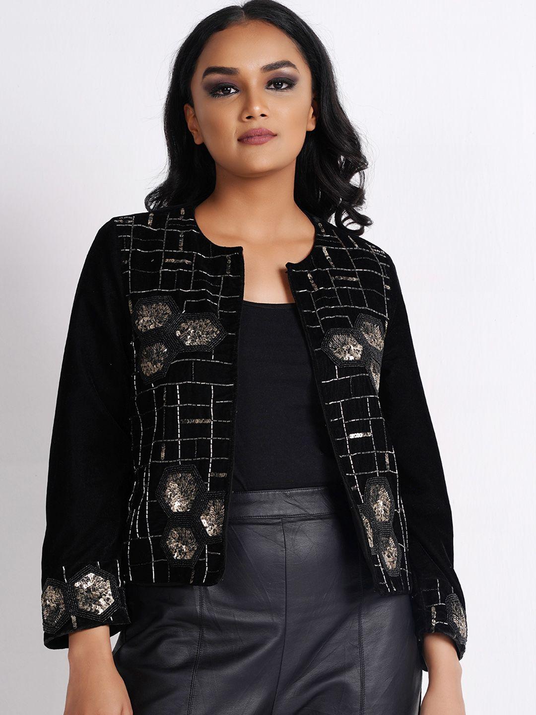 diwaah crop open front jacket with embroidered